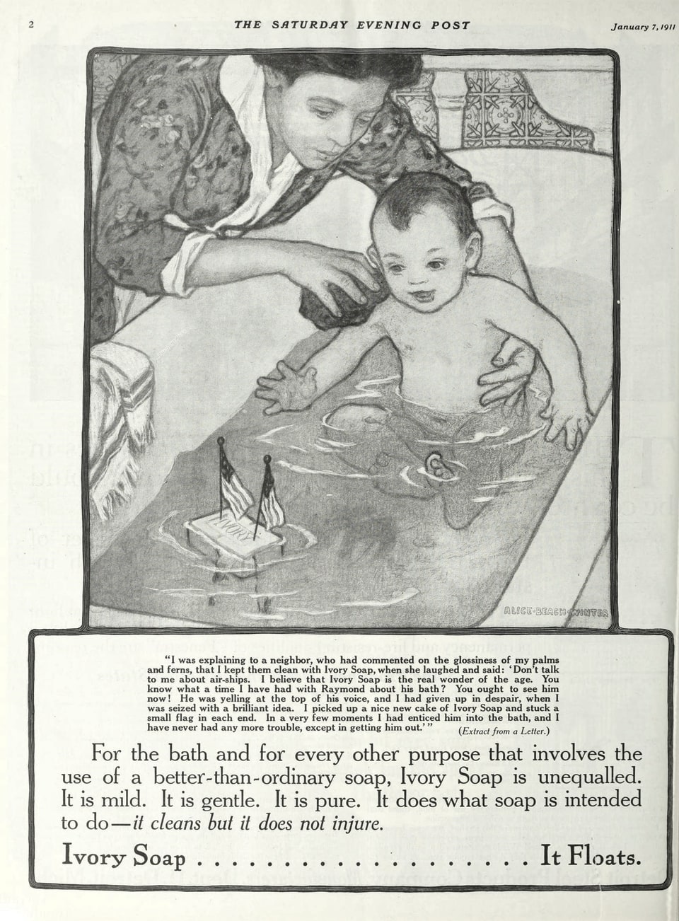 Magazine page. A woman in a patterned robe leans over a bath, one hand steadying a smiling naked baby seated in the water. A cake of Ivory soap floats in front of them with a small paper flag stuck into each end, turning it into a toy boat. Printed text fills the lower third of the page.