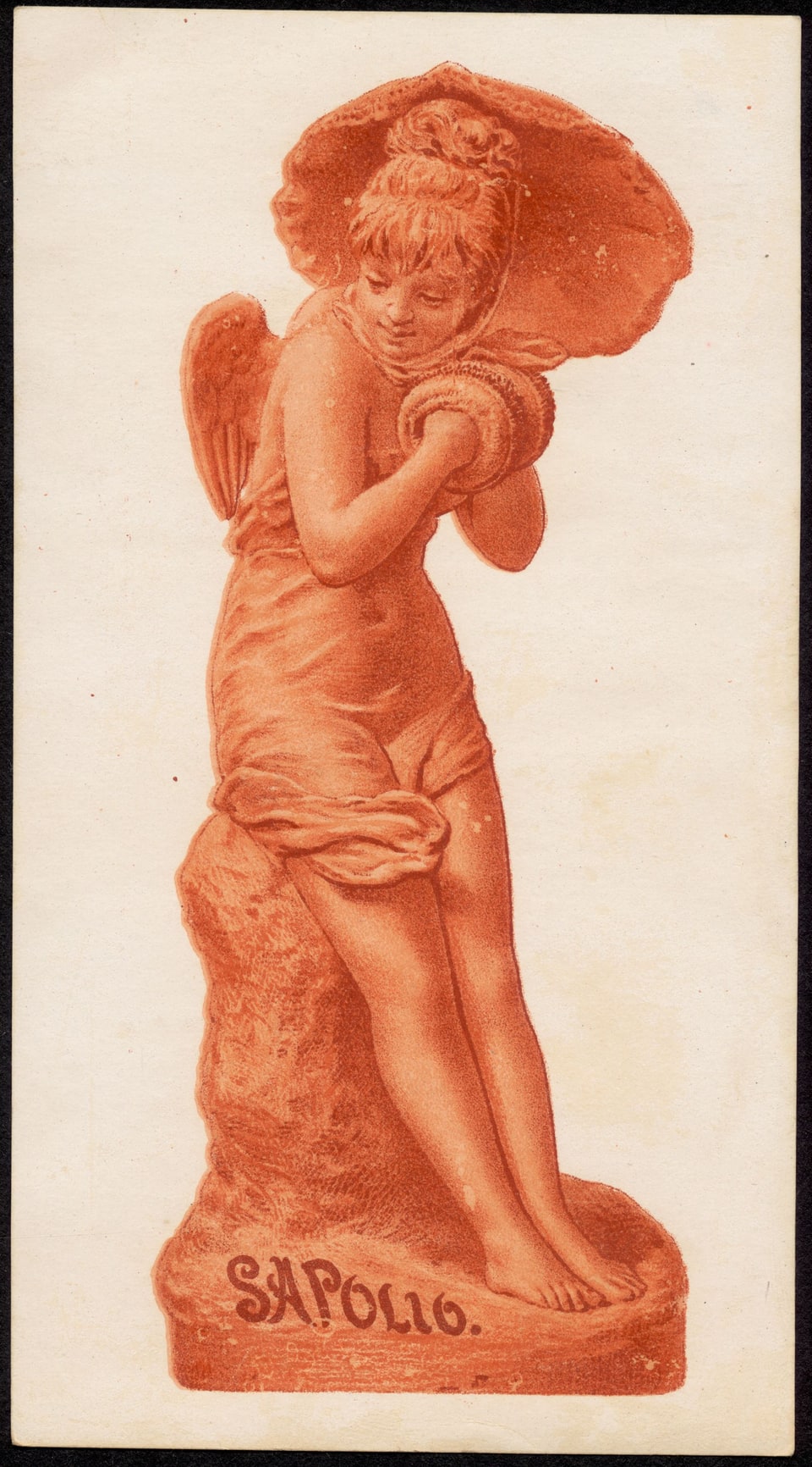 Trade card printed in terracotta ink on cream stock. A winged child, modelled as though carved in terracotta, stands on a rough plinth carrying a large shell on one shoulder, with drapery falling from the waist. The word “Sapolio” is lettered across the face of the plinth as if chiselled into the stone.